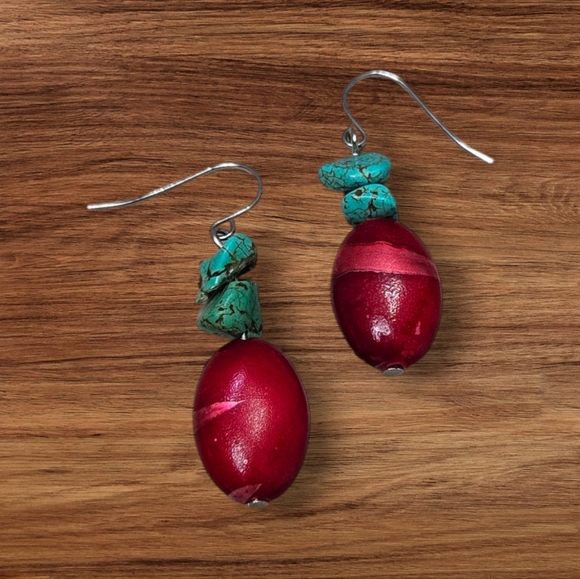 Vintage Red Bead and Turquoise Dangle Earrings Inclued Extra 925 Silver Hooks - Picture 1 of 17